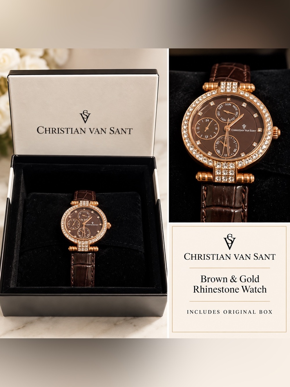 Christian Van Sant Brown and Gold Watch with Rhinestones